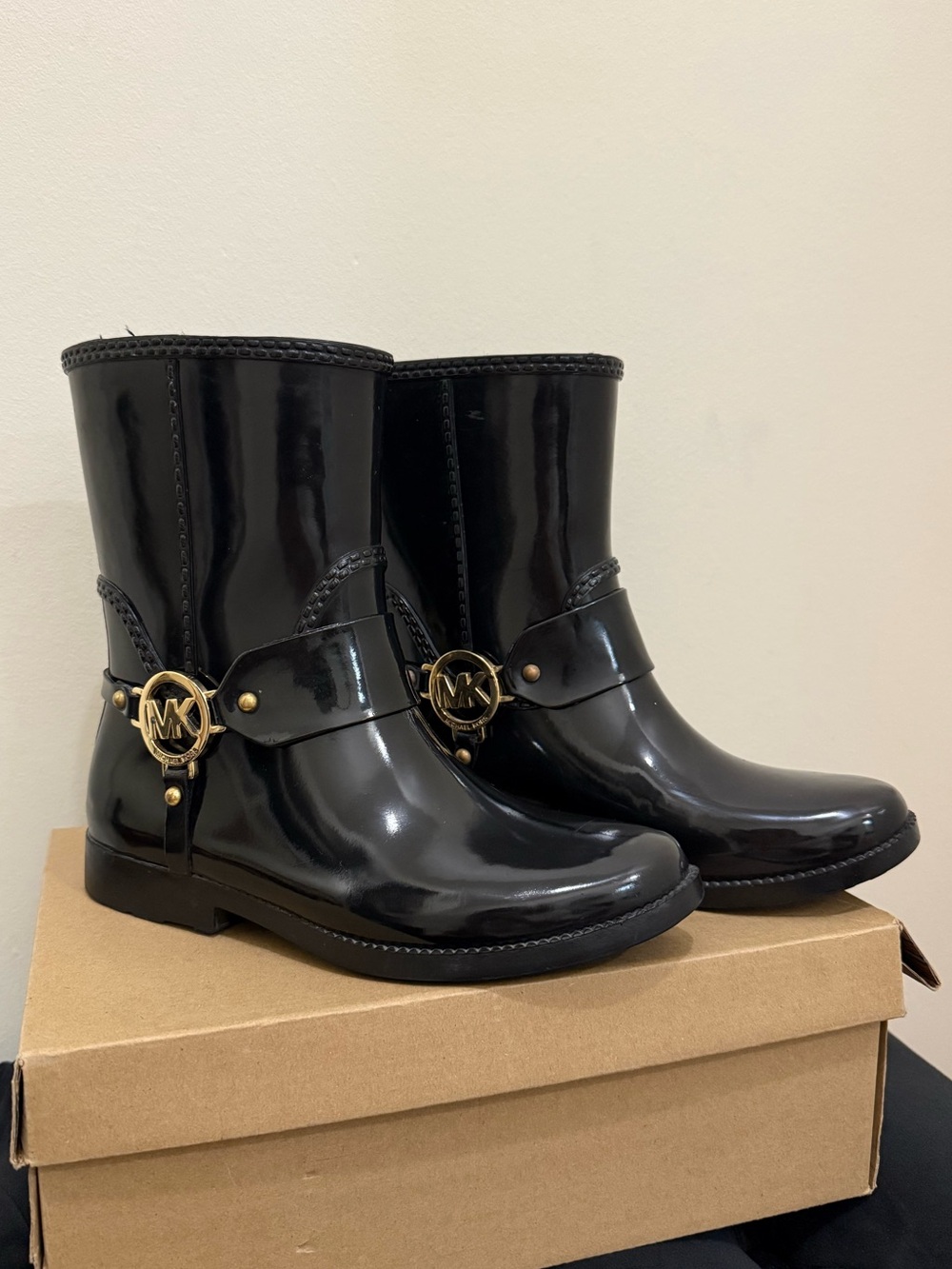 Michael Kors Black Patent Logo Rain Boots